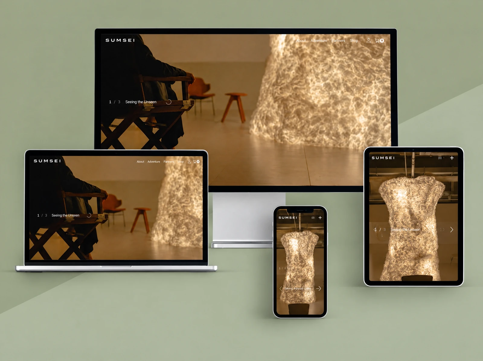 SUMSEI storefront mockup on desktop, laptop, tablet, and mobile