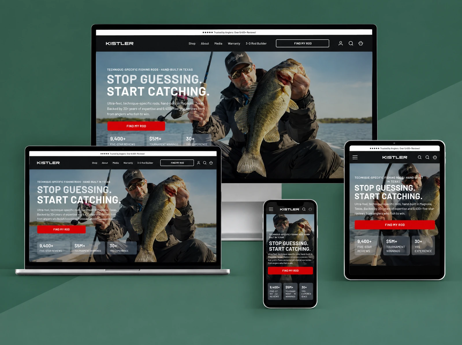 Kistler Rods storefront mockup on desktop, laptop, tablet, and mobile