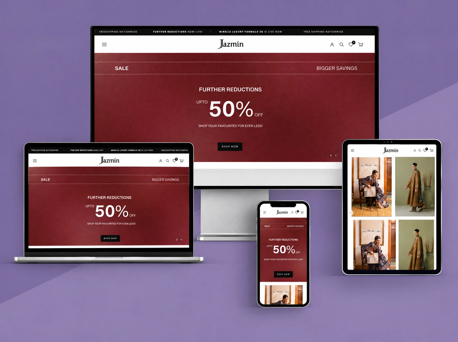 Jazmin storefront mockup on desktop, laptop, tablet, and mobile
